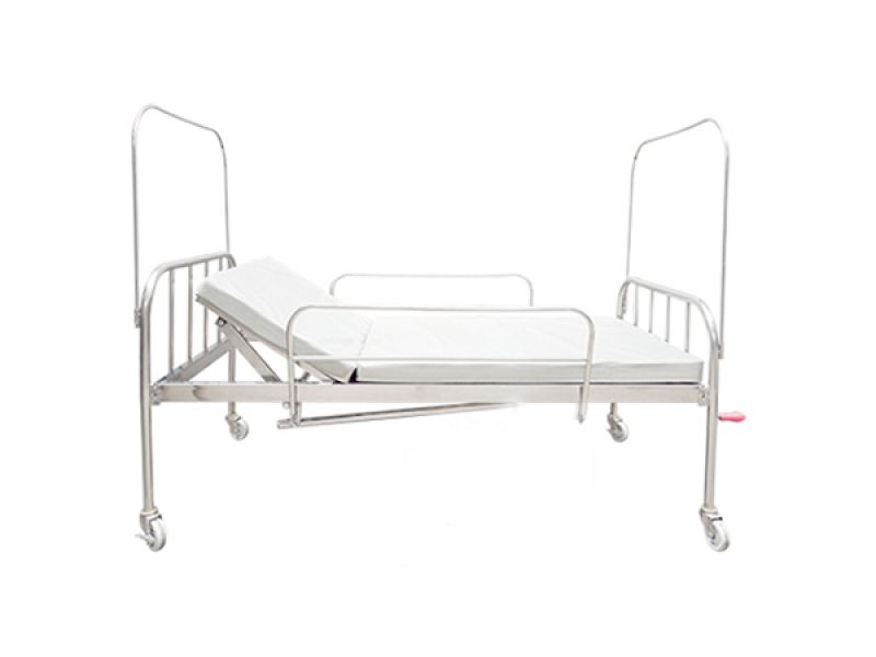 Giường inox vạc hộp kín, 1 tay quay, có thanh chắn, bánh xe